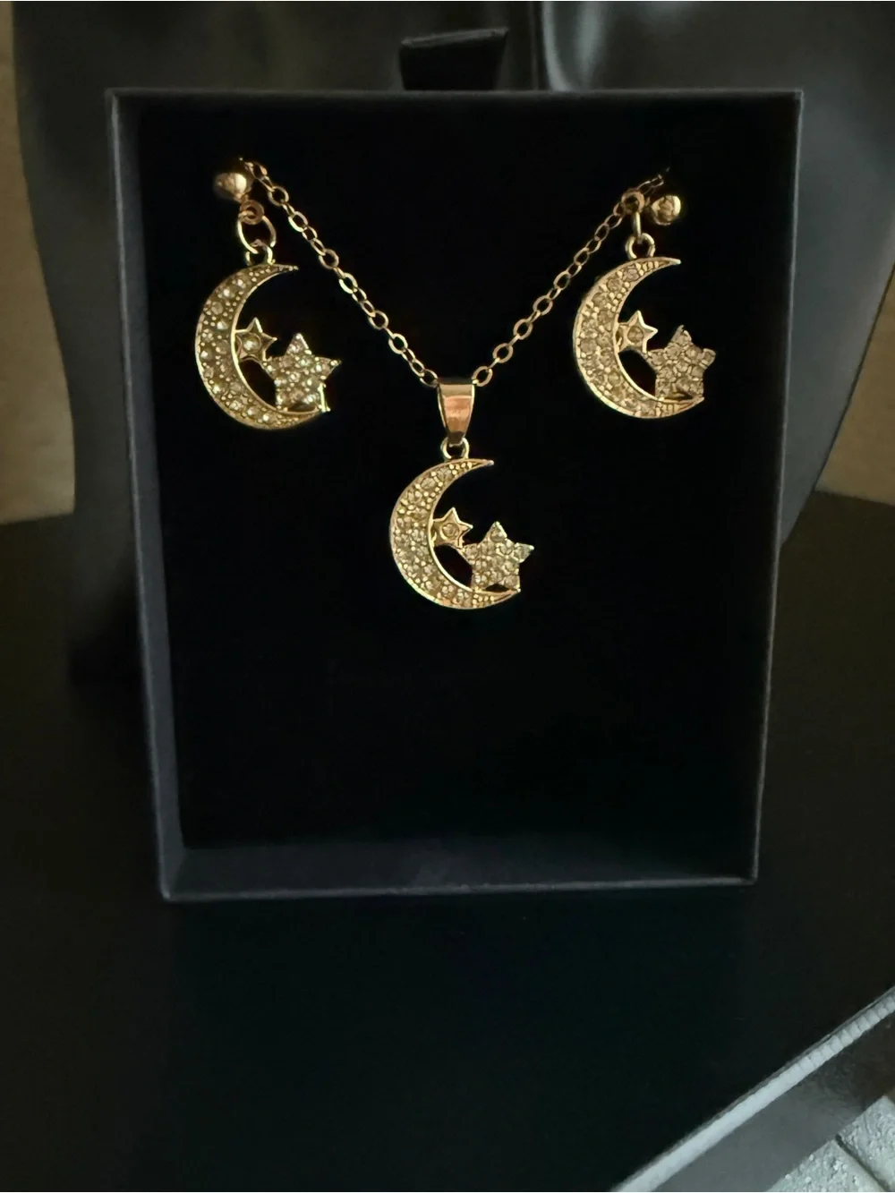 Gold-Tone Crystal Celestial Moon & Stars Jewelry Set, Necklace + Earrings 18”